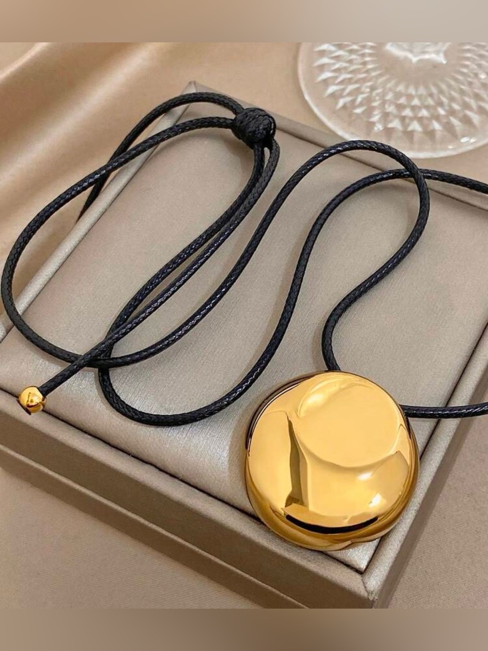 Gold Disc Pendant Necklace on Black Cord